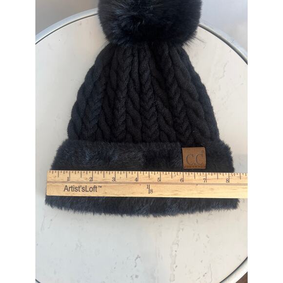 C.C. Cable Knit Beanie with a Faux Fur Pom-Pom and Cuff Black one Size - Picture 10 of 10